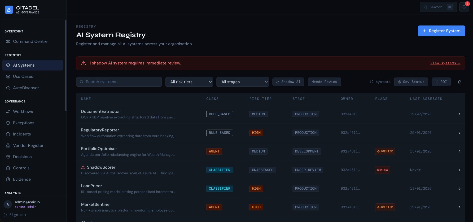 Citadel AI Systems Registry — risk tiers, EU AI Act classification, shadow AI flags